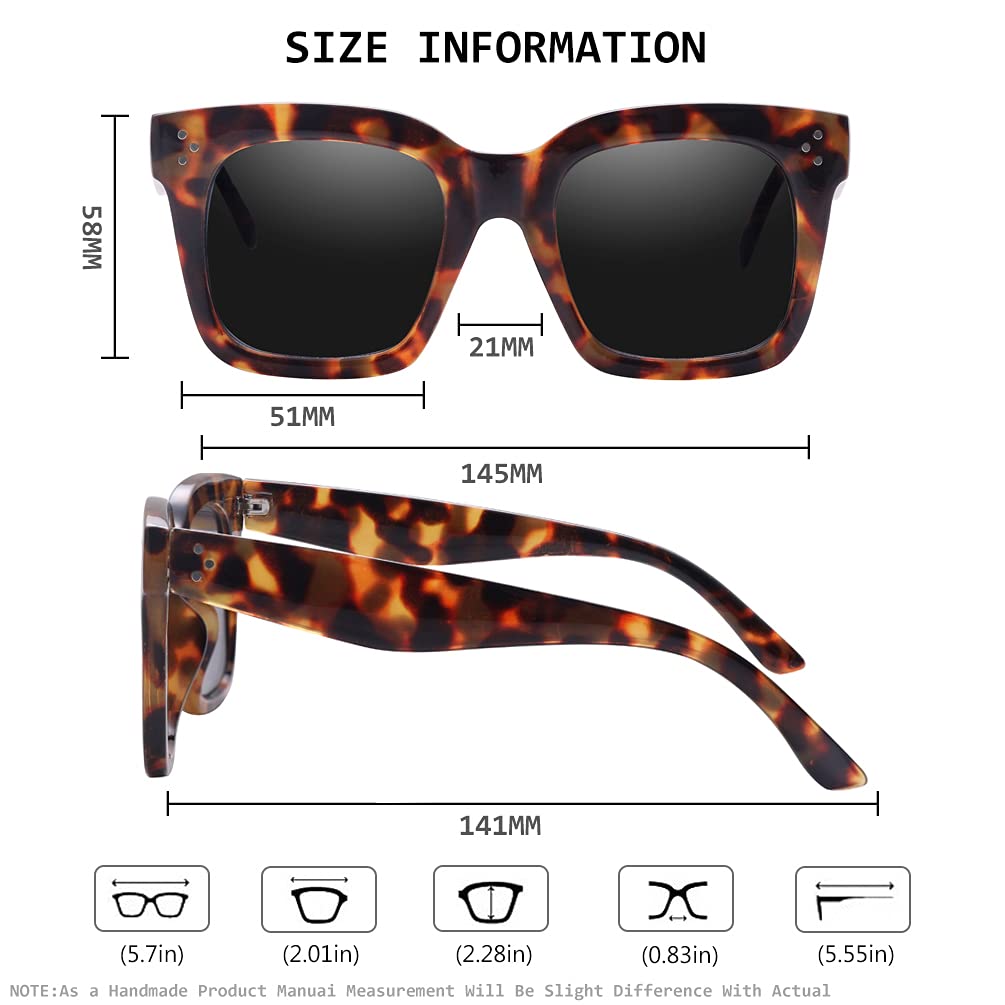 Übergroße Damen-Sonnenbrille, Vintage-Stil, luxuriös, quadratisch, UV400-Schutz, flache Gläser, Bernsteinfarbener Schildpatt-Rahmen, schwarze Linse, Large