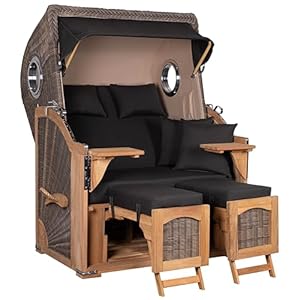 MR. DEKO® Strandkorb Düne Teak 2-Sitzer Bullauge | PE Geflecht Grey | Volllieger Strandstuhl verstellbar | inkl. 4 Kissen Wechselpolster | Strandkörbe fertig montiert aus Teakholz | (Dessin 548)