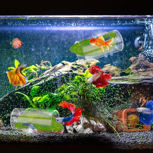 Image of NQEUEPN 2pcs Betta Fish Acrylic Tube Tunnel with Pretended Leaf Suction Cup, Transparent Betta Fish Tank Decorations, Aquarium Decorations (Transparent)