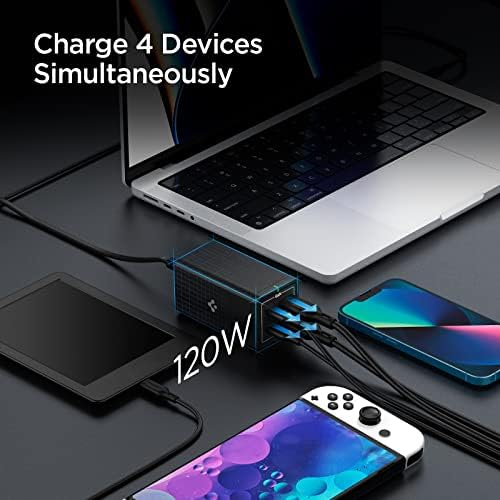 USB C Charger, Spigen 120W GaN Fast 4-Port USB C Charging Station, 100W via USB-C PD Type C Fast Charging Hub for Macbook Pro Air iPad iPhone Galaxy HP Dell ASUS Chromebook USB-C Laptop