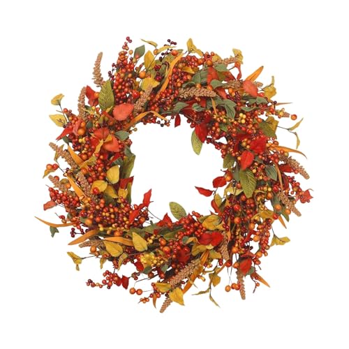 Wreaths for Front Door, 13 Inch Easy to Maintain Lightweight Versatile Realistic Red Berry Decorative Faux,Fade Resistant Weather Resistant Artificial Fall Wreath for Farmhouse Home Wall (Orange) - image 1