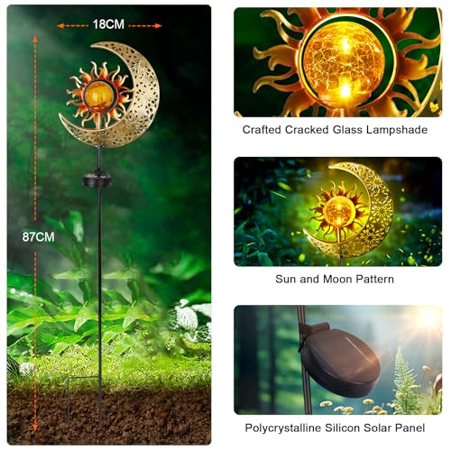 Solar Garden Lights Outdoor, Moon Solar Light with Crackle Glass Globe, Decorative Solar Garden Ornament with Warm LED Light for Lawn, Patio, Yard, Courtyard, Garden Decor Gift for Women Mum(Moon) - Image 4