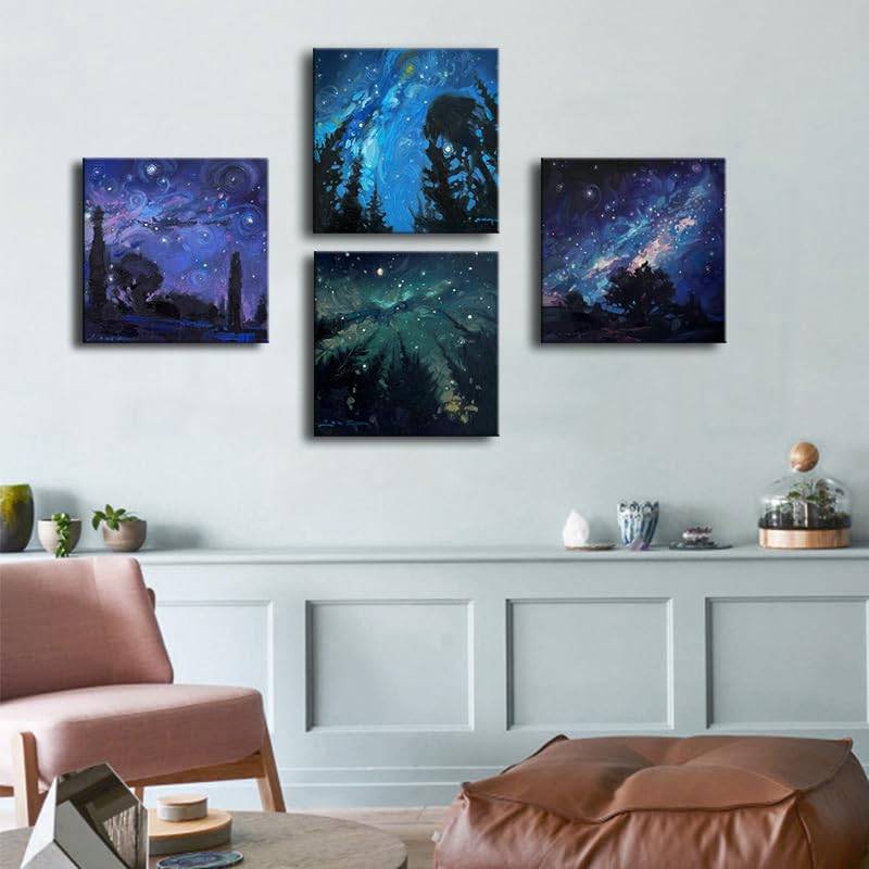 Image of Blue Starry Night Canvas Wall Art Forest Tree Paintings Decor Abstract Nature Landscape Artwork Poster Prints Colorful Space Northern Lights Pictures Decoration for Bedroom Living Room Bathroom Office