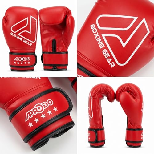 Image of APRODO Beginner Boxing Gloves for Kids & Adults - Men & Women Training, Sparring & Heavy Bag Gloves - Durable PU Leather with Wrist Support (Red /White, 8oz)