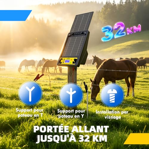 Électrificateur de Clôture Solaire pour Portée 32 KM, Batterie au Lithium 18000mAh, Électrificateur avec Panneau Solaire 10W, 0.3-2J, 6KV-12KV Réglable, Protection pour Volaille Domestiques (Noir) – vue 6