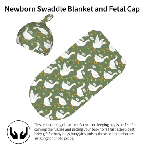 Image of Lcokin Cute Goose Baby Stuff Swaddle Blanket Hat Set for Boys Girls, Newborn Receiving Blanket Shower Gift