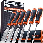 Presch Set di scalpelli per legno 6pz. incl. Borsa - Completamente affilati per un utilizzo immediato (6, 12, 18, 24, 32, 38mm) - Con angolo di taglio a 25° e robusta capocchia in metallo