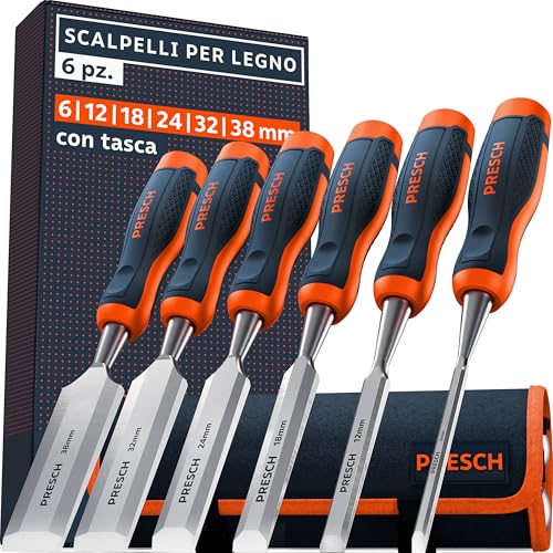 Presch Set di scalpelli per legno 6pz. incl. Borsa - Completamente affilati per un utilizzo immediato (6, 12, 18, 24, 32, 38mm) - Con angolo di taglio a 25° e robusta capocchia in metallo