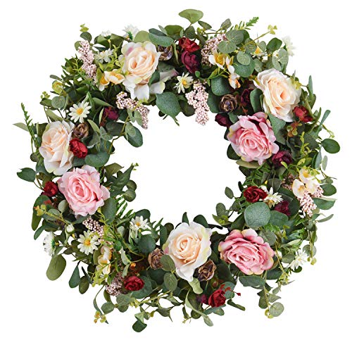 WANNA-CUL 24" Spring Artificial Rose Flower Wreath for Front Door,Pink and Wine Red