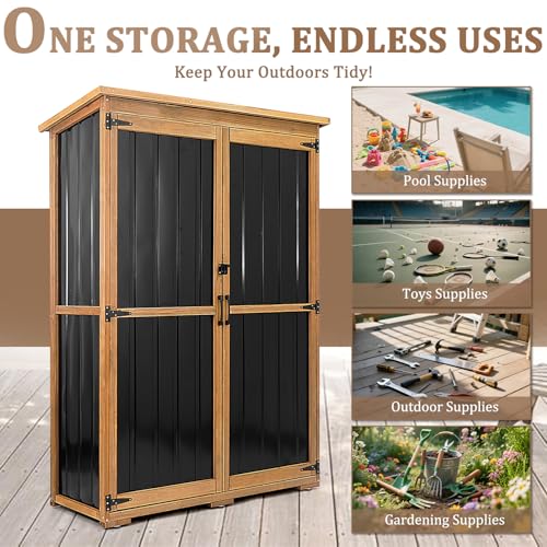 Image of 46 inch L Large Outdoor Storage Cabinet with Shelves, Wood & Metal Storage Shed Weather-Resistant, Outside Storage Cabinet for Garage Patio Backyard Garden with Waterproof Roof