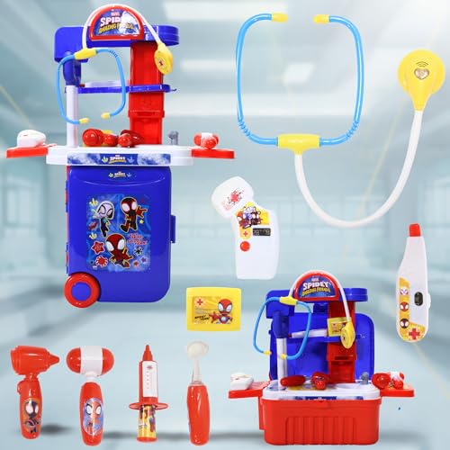 Image of Spiderman Theme Doctor Set for Kids - 9 Pcs Medical Equipment Trolley with Lights, Spidey-Inspired Role Play Toy, Heroic Doctor Kit for Boys & Girls 3+ Years, Portable Educational Playset
