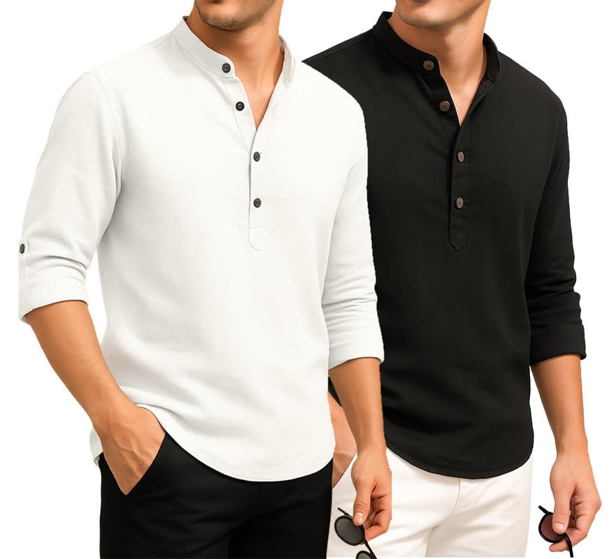 Image of DEELMO Combo of Men's Cotton Blend Solid Regular Fit Full Sleeve Short Kurta | Men's Trendy Short Kurta Pack of 2