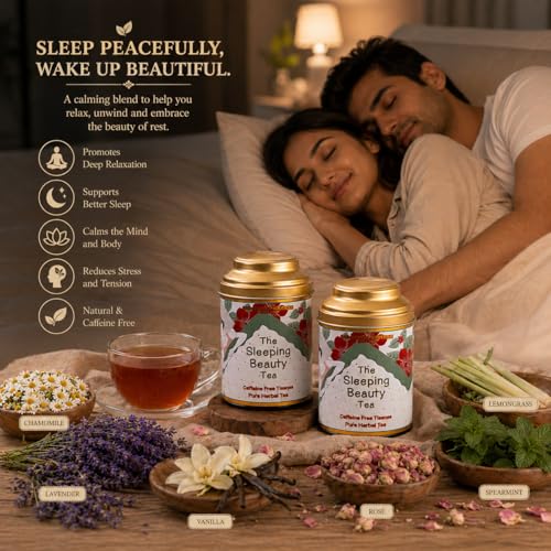 Image of Sancha Tea Boutique, Sleeping Beauty Tea, Caffeine Free Herbal Tisane for Sleep, Great for Bedtime, Blend of Vanilla /Rose /Lavender /Chamomile Flowers, 30g (Pack of 2)