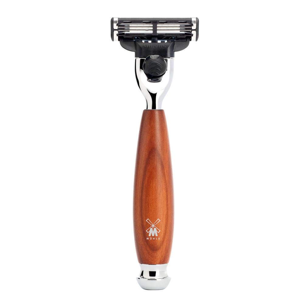 MÜHLE Vivo 4-tlg. Rasierset mit Systemrasierer, edler Pflaumenholz-Griff | Nassrasur-Set kompatibel mit Gillette Mach3-Klinge, Rasierpinsel Black Fibre vegan, Halterung, Schale, für Bart und Gesicht