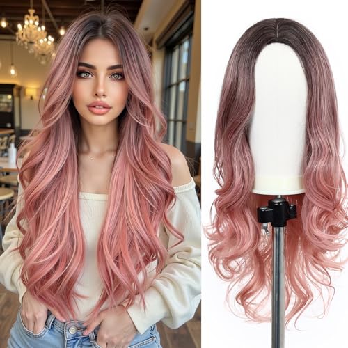 Esmee Peluca Rosa 24 pulgadas sintética resistente al calor,natural largas ondulada rizada para las mujer peluca.