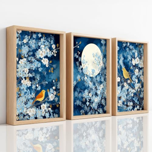 Peintures deco pour chambre salon style japonais 3 affiches fleurs de cerisier et oiseaux