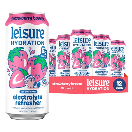 Image of Leisure Hydration Non-Carbonated Electrolyte Refresher, Strawberry Breeze - Low Sugar Nutrient Enhanced Water Beverage - Get The Best Hydration Packed w / Magnesium & Ashwagandha For Mood & Stress Support, Non-GMO, 16 oz (12-Cans)