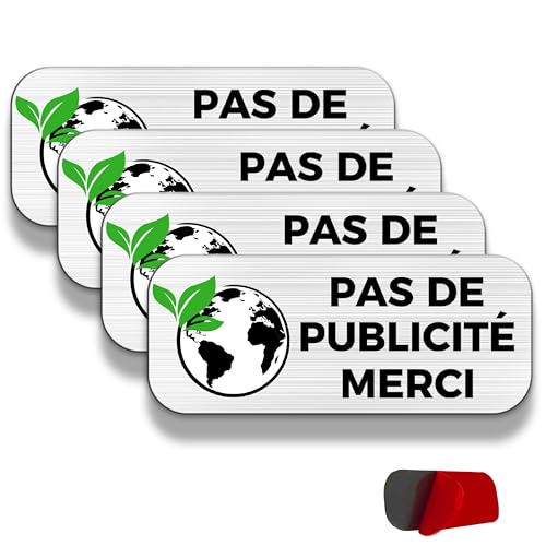 FloraVigo Pas de Publicité Merci 60x25 mm Plaque pour bôite aux Lettres Aluminium brossé Aspect Acier inox auto-adhésif,Interdiction de publicité (4) (PAS DE...