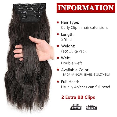 Xtrend 20-Inch Long Wavy Hair Extensions - 4PCS Full Head Set Clip in Synthetic Hair Pieces for Women Girls Thick Curly (Dark Brown#) - Image 2