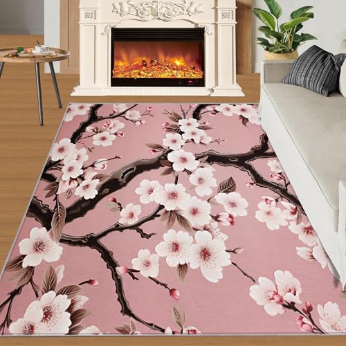 Tapete decorativo 5x7 pies suave con diseño flor de cerezo rosa miniatura 3
