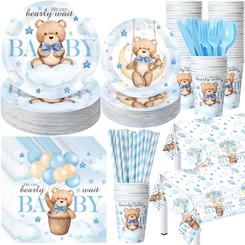 Image of Funnymoom 452 Pcs 50 Guests We Can Bearly Wait Baby Shower Decorations Boy, Blue Baby Boy Shower Paper Plates Napkins Cups Tablecloth Cutlery Straws Tableware Set for Gender Reveal Party Supplies