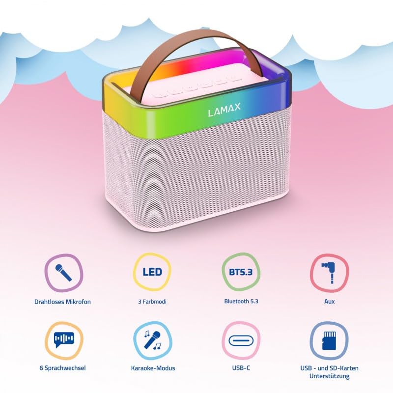 LAMAX KaraokeKid1 różowy, przenośny głośnik dziecięcy z trybem karaoke i mikrofonem do karaoke ze zmieniaczem głosu. Do słuchania i rozrywki, design dla dzieci, Bluetooth 5.3 (różowy)