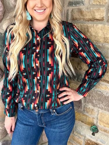 Womens Retro Aztec Pearl Snap Shirts Lapel Button Up Blouse Long Sleeve Cowgirl Ethnic Print Rodeo Western Tops3