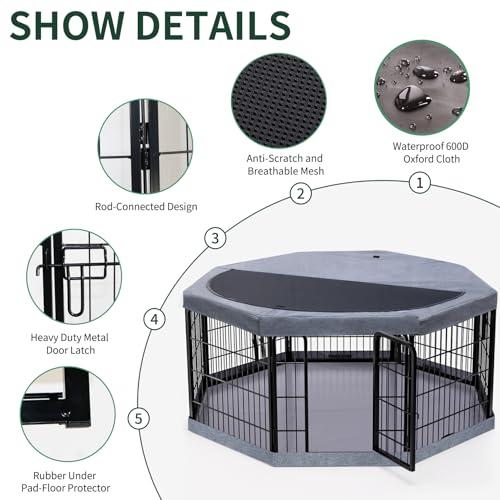 Image of PETIME Dog Playpen,Metal Exercise Puppy Pen Heavy Duty Kennels Yard Fence Indoor /Outdoor 22 inch W x 24 inch H 8 Panels Dog Cage with Octagon Top Cover and Bottom Pad
