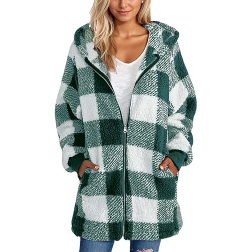 Plaid Sherpa Jacket Women Plus Size Fleece Zip Up Jacket Soft Fuzzy Oversized Hoodie Faux Fur Fall Coats with Pockets