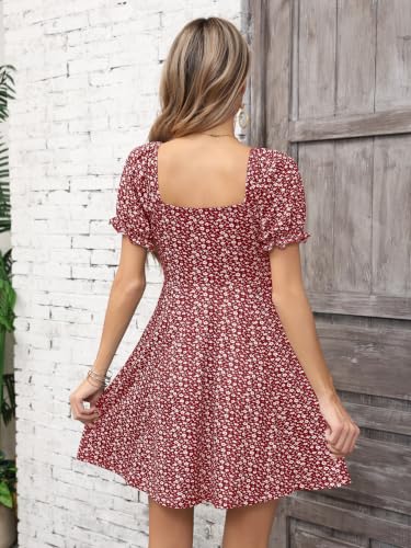 Image of Missufe Women's Puff Short Sleeve Drawstring Ruched Front Fit and Flare Floral Summer Casual Short Dress
