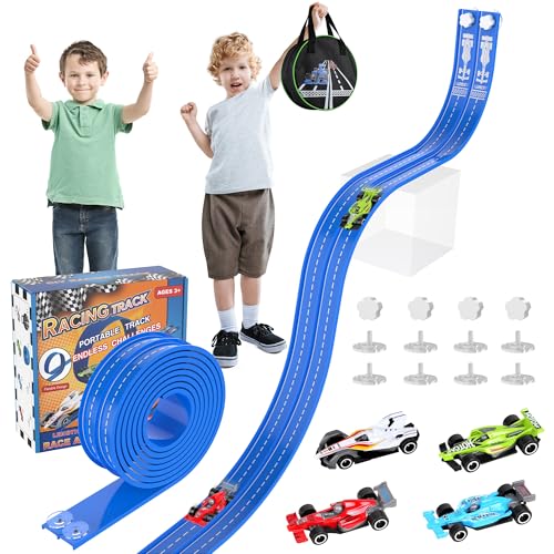 20Ft Flexible Race Track, Slot Car Race Track Set for Kids Ages 3+, Dual Racing Game 2 High-Speed Cars 1/64 Scale, w/8 Suction Cups, 4 Alloy Cars– Ideal Christmas Birthday Gift for Boys & Girls (Blue)