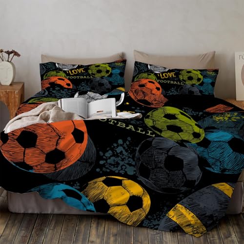 Balón De Fútbol con Grafiti Juego De Ropa De Cama, Microfibra Suave Transpirable Divertido Póster Deportivo Niños Niña Juego De Fundas Edredón Reversible con Funda De Almohada, Negro, 135X200Cm