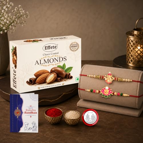 Image of DeoDap Rakhi with Chocolate for Brother - Golden Color Stylish Ganesha Ji Design Rakhi 2 Pcs with Almond Chocolate 32 Gm, Greeting Card, Silver Color Coin & Tilak Set - Traditiional Raksha Bandhan Combo