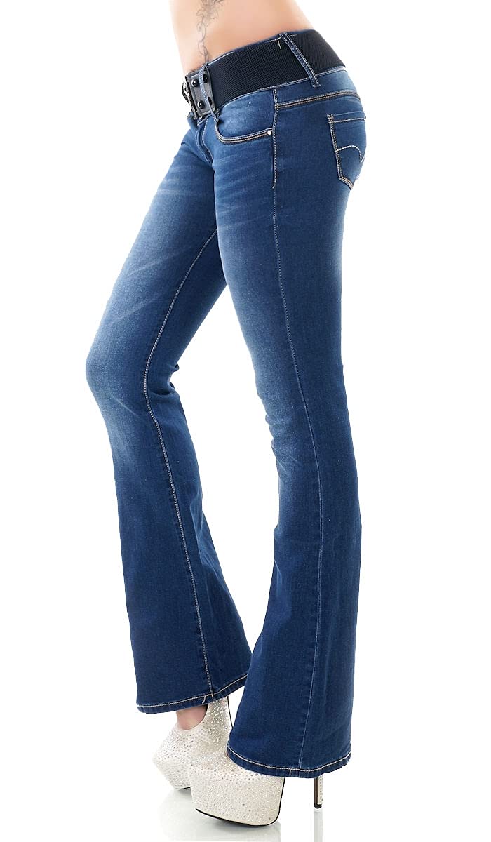 Damen Bootcut Stretch Jeans Schlag Hose inkl .Gürtel Blue Washed WT367