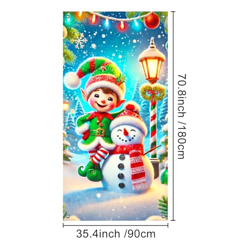 Image of BlissYard Merry Christmas Elf and Snowman Door Cover 71x35 Inch Holiday Front Porch Door Banners Decoration Winter Green Elf Hat Striped Tights Snowy for Sign Party Indoor Outdoor Decor Party Decor