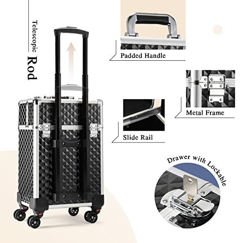 Hododou Rolling Makeup Case Cosmetic Train Case Travel Trolley Cosmetic Storage With Sliding Drawer 4 Trays Makeup Travel Case With Key Swivel Wheels Salon Barber Case Traveling Cart Trunk For Cosmetologist, Nail Tech, Hairstylist - Black #TOP4