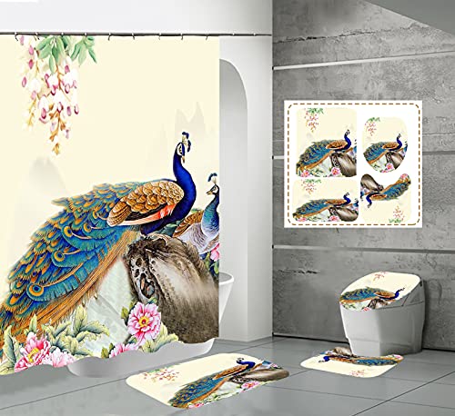 WSND 4 Stück Schöner Pfau Duschvorhang-Sets für Badezimmer mit Rutschfestem Teppich, Toilettendeckel-Abdeckung…