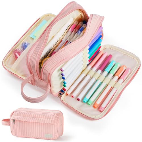 Sooez High Capacity Pencil Case Soft Corduroy Pencil Pouch with 4 Compartments Multiple Pockets Large Pencil Bag with Sturdy Zipper Cute Pencil Case Pouch Organizer for Student Teen Girls Pink