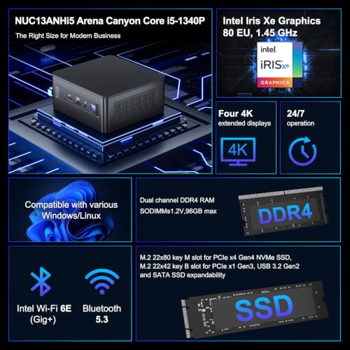 Image of Intel NUC 13 Pro NUC13ANHi5 Arena Canyon Mini PC, Core i5-1340P, Barebones, NO RAM, NO SSD, NO OS, Mini Computers for Business Home Office, Support 8K /4K Quad Display /WiFi 6E /BT 5.3 /Thunderbolt 4