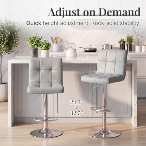 Image of DUMOS Bar Stools Set of 2, 24 inch Counter Height Bar Chairs, Upholstered Modern Kitchen Barstools with Metal Base, PU Leather Saddle Stools for Kitchen Island, Grey