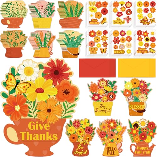 80UncleKimby 36 Set Fall DIY Craft - Thanksgiving Flower Card Making Kit with Autumn Greeting Cards Stickers Envelopes Set Gifts for Activities