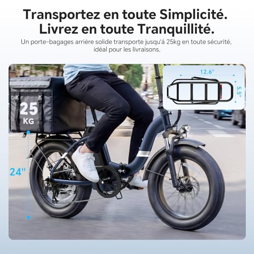 Touroll S2 Pro Vélo Électrique Pliable Tout-Terrain 20"×4.0" Fat Tire, 150KM Autonomie, Batterie 720Wh Amovible, Moteur 250W Vélo Électrique Gros Pneu 7 Vitesses, E-Bike Urbain pour Adulte – vue 8