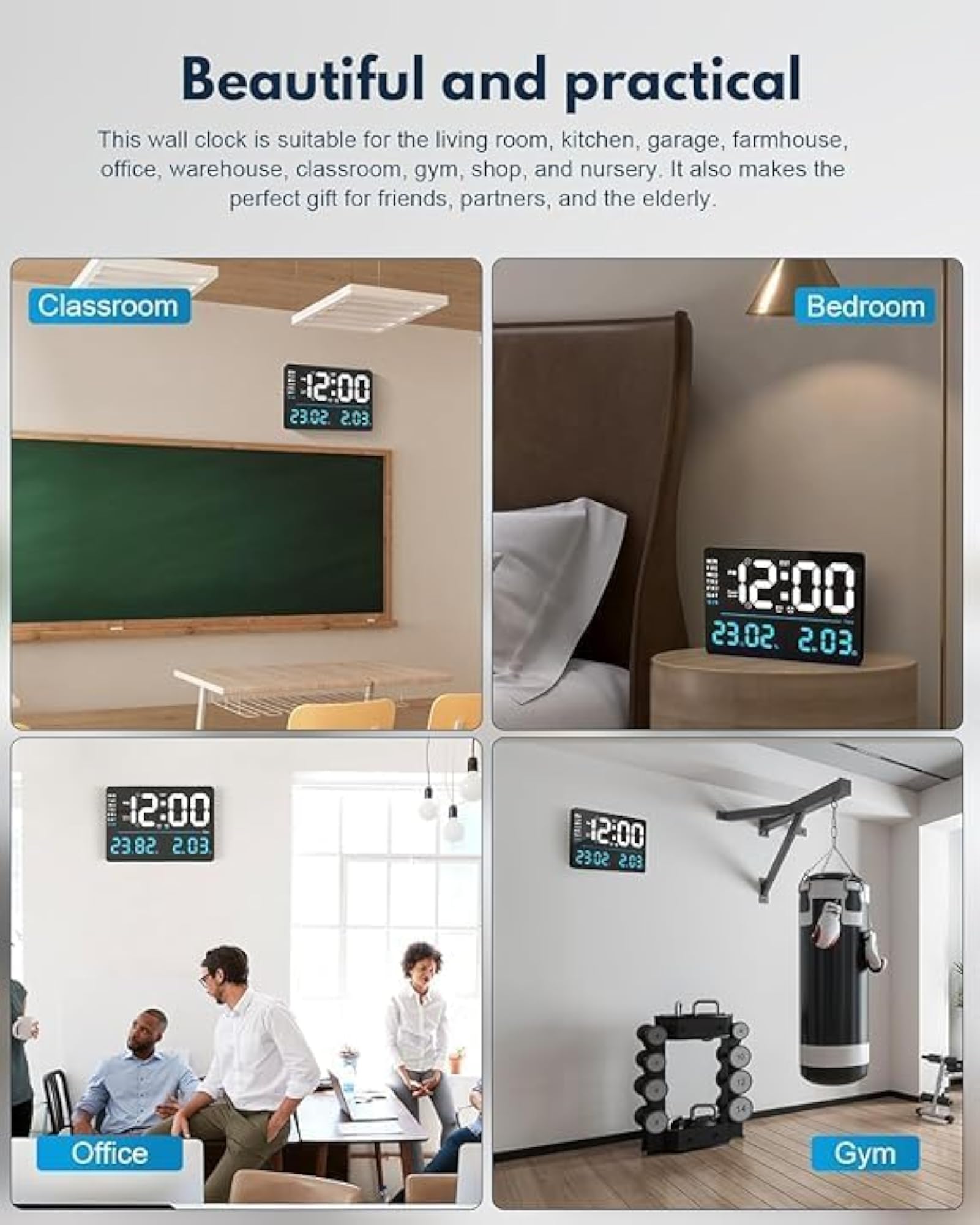 LED Wall Clock with Remote Control and Large Display