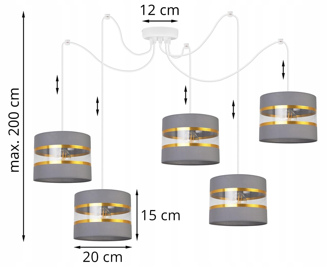 Light-Home Spider Elegance Deckenleuchte Pendelleuchte - Moderner Deckenleuchter für Schlafzimmer Wohnzimmer und Küche im Glamour - E27 mit 5 Lichtpunkten - Lampenschirm Stoff 20cm - Weiß und Grau