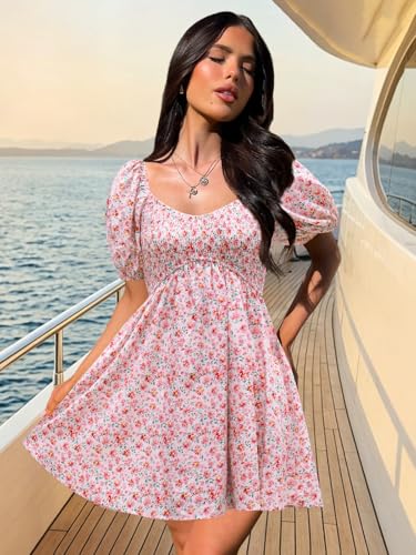 Image of Womens Babydoll Dress 2026 Summer Casual Puff Sleeve V Neck Cute Boho Smocked Flowy Short Sundress Beach Mini Dresses
