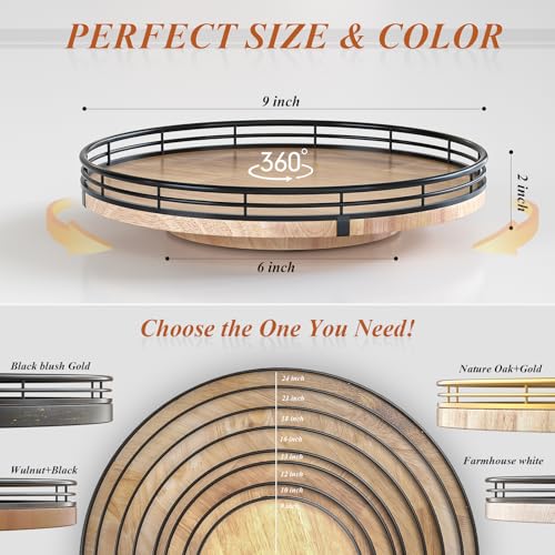 Image of 9 inch Oak Wood Lazy Susan Turntable Organizer for Cabinet, Round Wooden Farmhouse Lazy Susan Organization and Storage for Dining Table, Pantry, Kitchen, Countertop, Cupboard,Home Decor