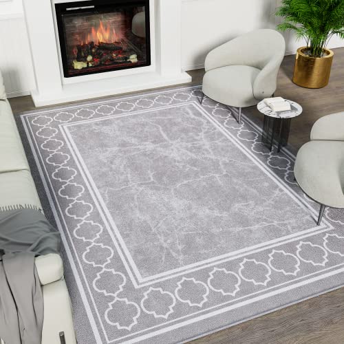 Genimo 3'X5' Area Rugs For Living Room，Non-Slip Washable Indoor Rugs For Bedroom,Geometric Print Carpet Chenille Mat Kitchen Bathroom Dining Room (Gray/White) #TOP12