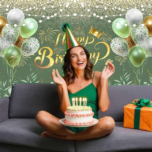 Image of Greenery Sage Green Happy Birthday Banner Backdrop Decorations Eucalyptus Leaves Women Birthday Banner Green Glitter Ballon Background Party Decoration Cake Table Banner Supplies 72x44 inch