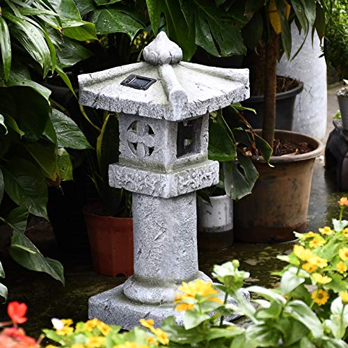 Rplw Pagoda Lantern Outdoor Sculpture,Asian Decor Solar Lighthouse,Retro Zen Garden Lamp Statue Polyresin Lawn Figurine A #TOP1