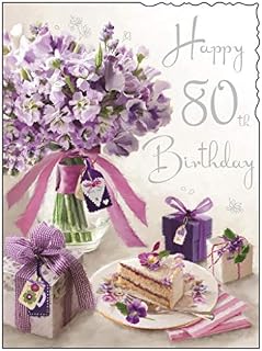 Jonny Javelin Birthday Card (JJ4078) Female 80th Birthday - Purple Flowers and Cake - Foil Embossed Finish